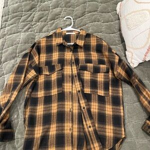 Plaid Button-Up Shirt in Black and Tan